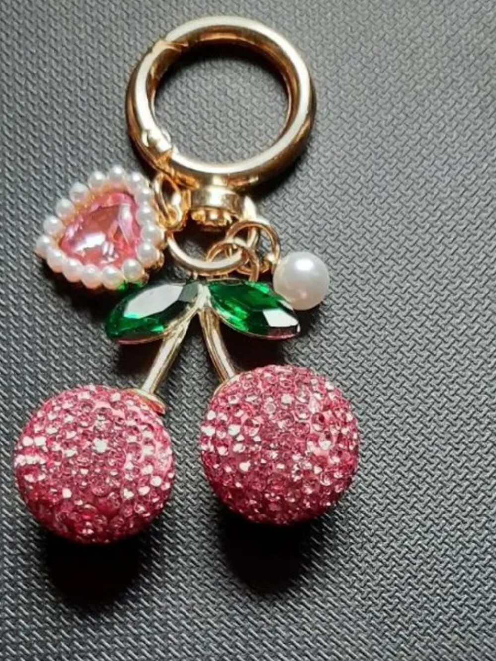 Pink Cherry Keychain with Heart Charm - Picture 3 of 10